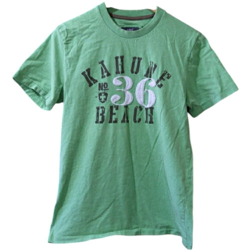 LOGG Green Short Sleeve Tee Shirt with Vintage Beach Print Medium